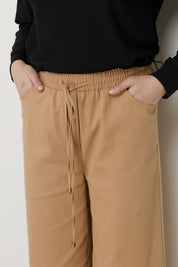 Beli Lastikli Bol Paça Kanvas Denim Pantolon - Camel