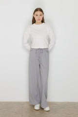 Wide Leg Canvas Denim Trousers with Elastic Waistband - Grey