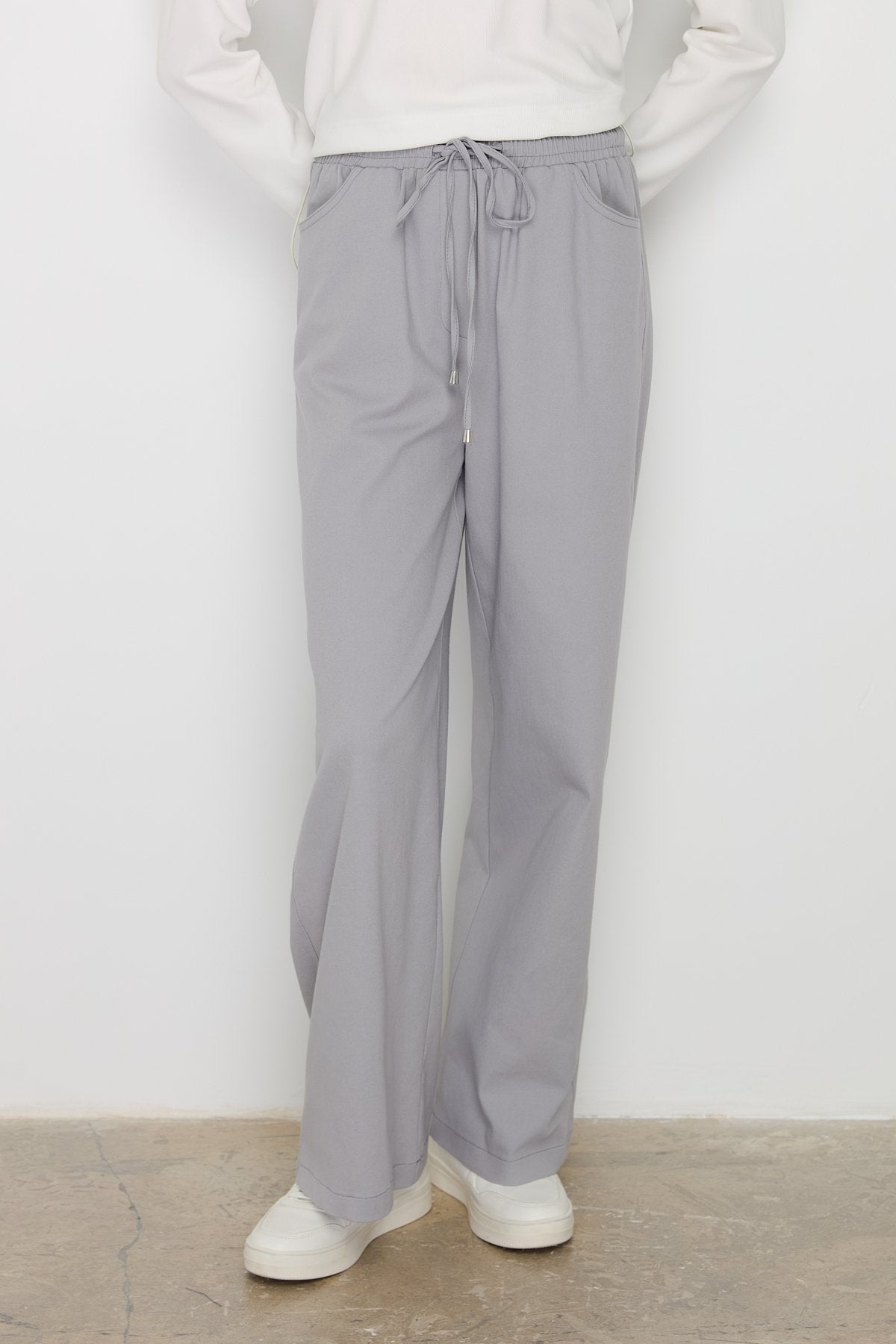 Wide Leg Canvas Denim Trousers with Elastic Waistband - Grey