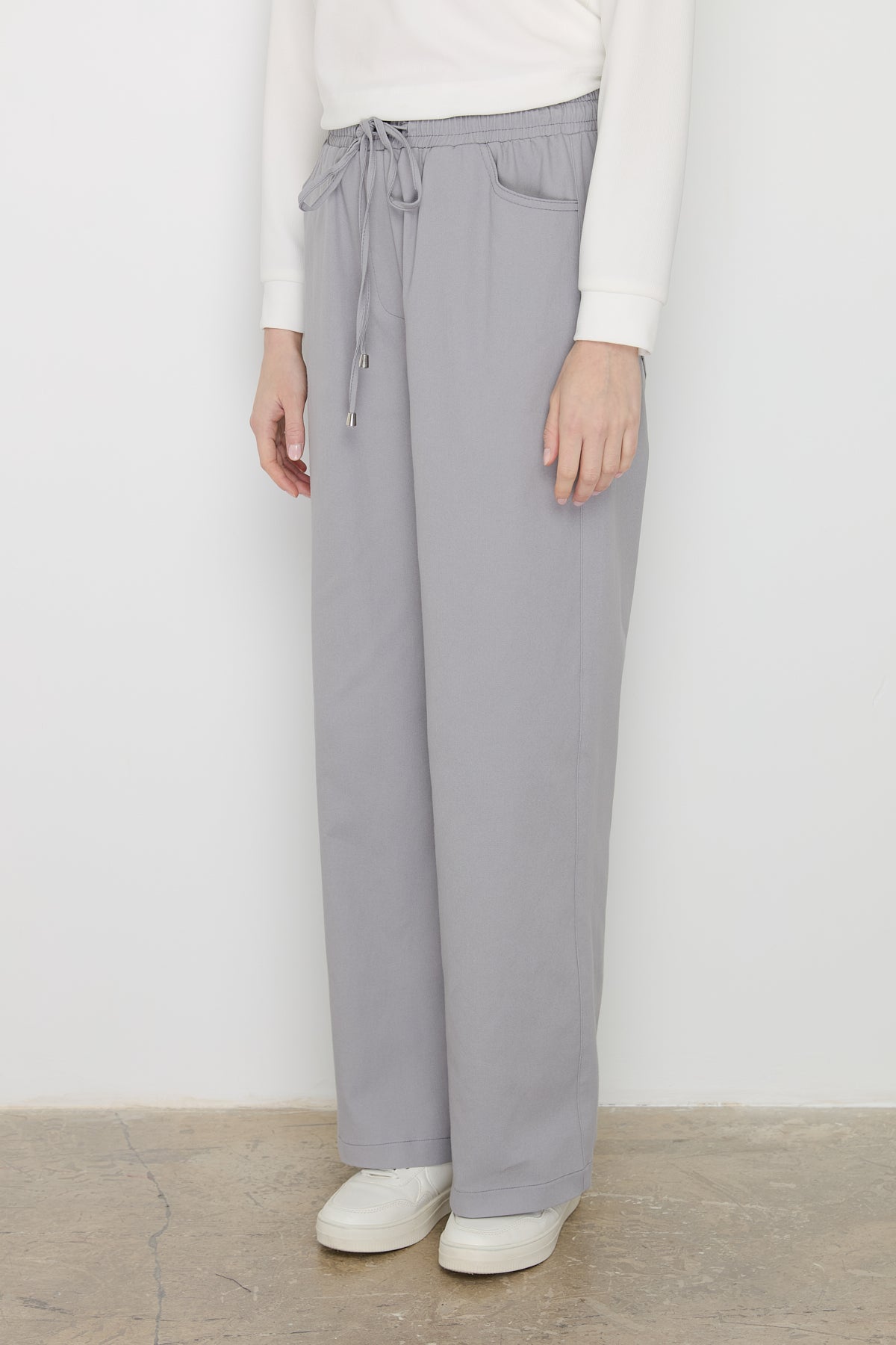 Wide Leg Canvas Denim Trousers with Elastic Waistband - Grey