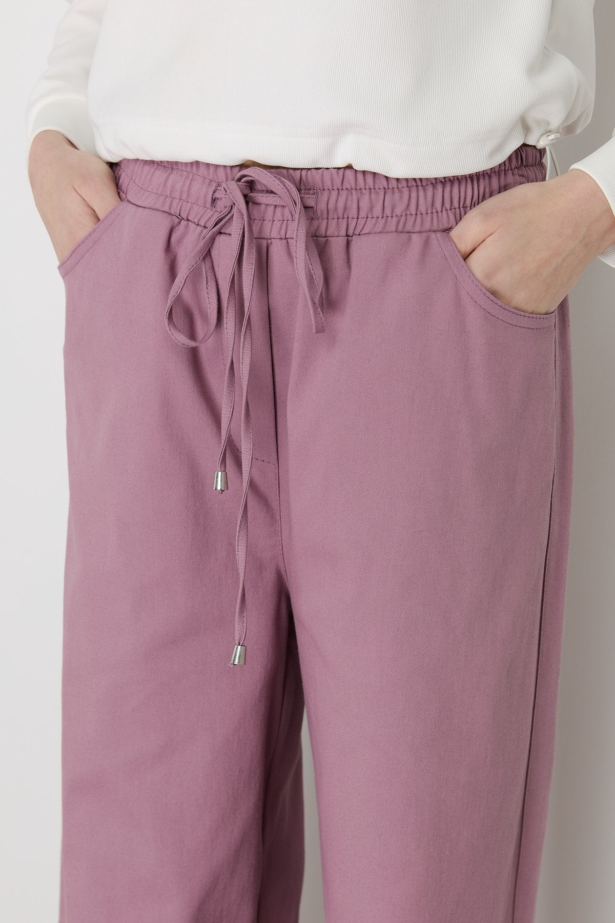 Beli Lastikli Bol Paça Kanvas Denim Pantolon - Gül Kurusu