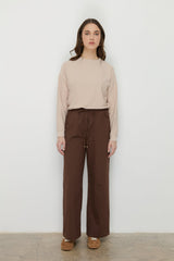 Wide-Leg Canvas Denim Trousers with Elastic Waistband - Brown
