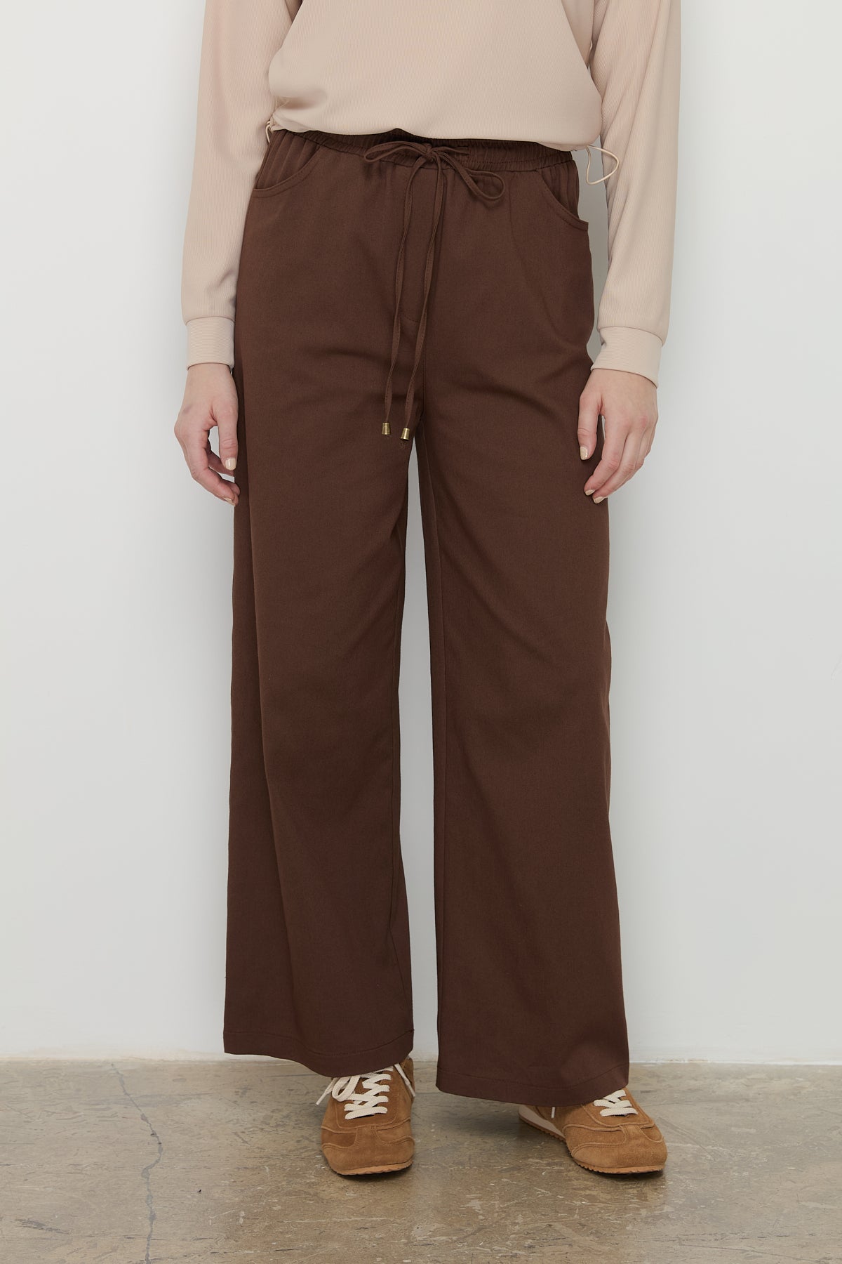 Wide-Leg Canvas Denim Trousers with Elastic Waistband - Brown