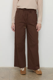 Wide-Leg Canvas Denim Trousers with Elastic Waistband - Brown
