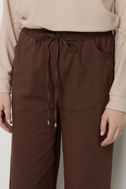 Wide-Leg Canvas Denim Trousers with Elastic Waistband - Brown