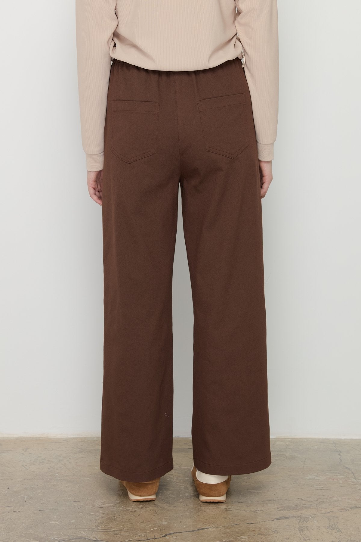 Wide-Leg Canvas Denim Trousers with Elastic Waistband - Brown