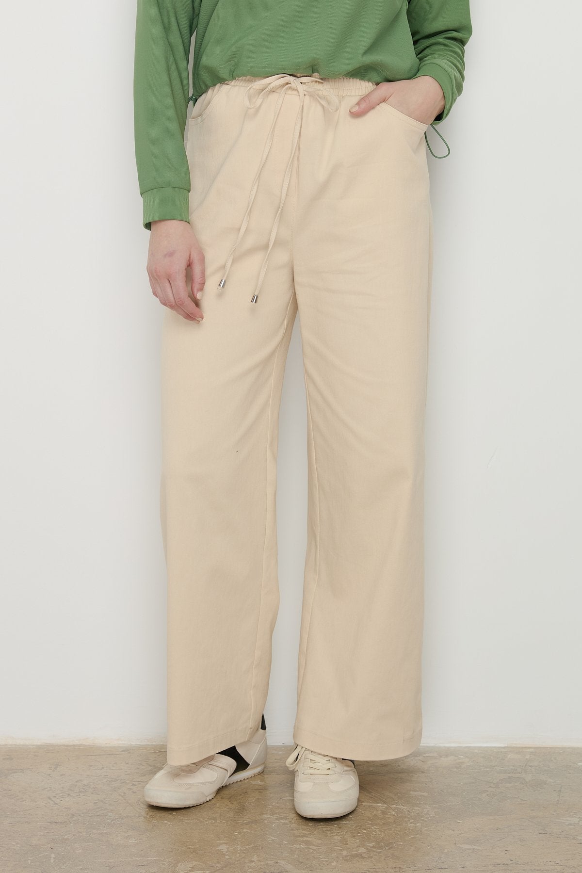 Beli Lastikli Bol Paça Kanvas Denim Pantolon - Krem