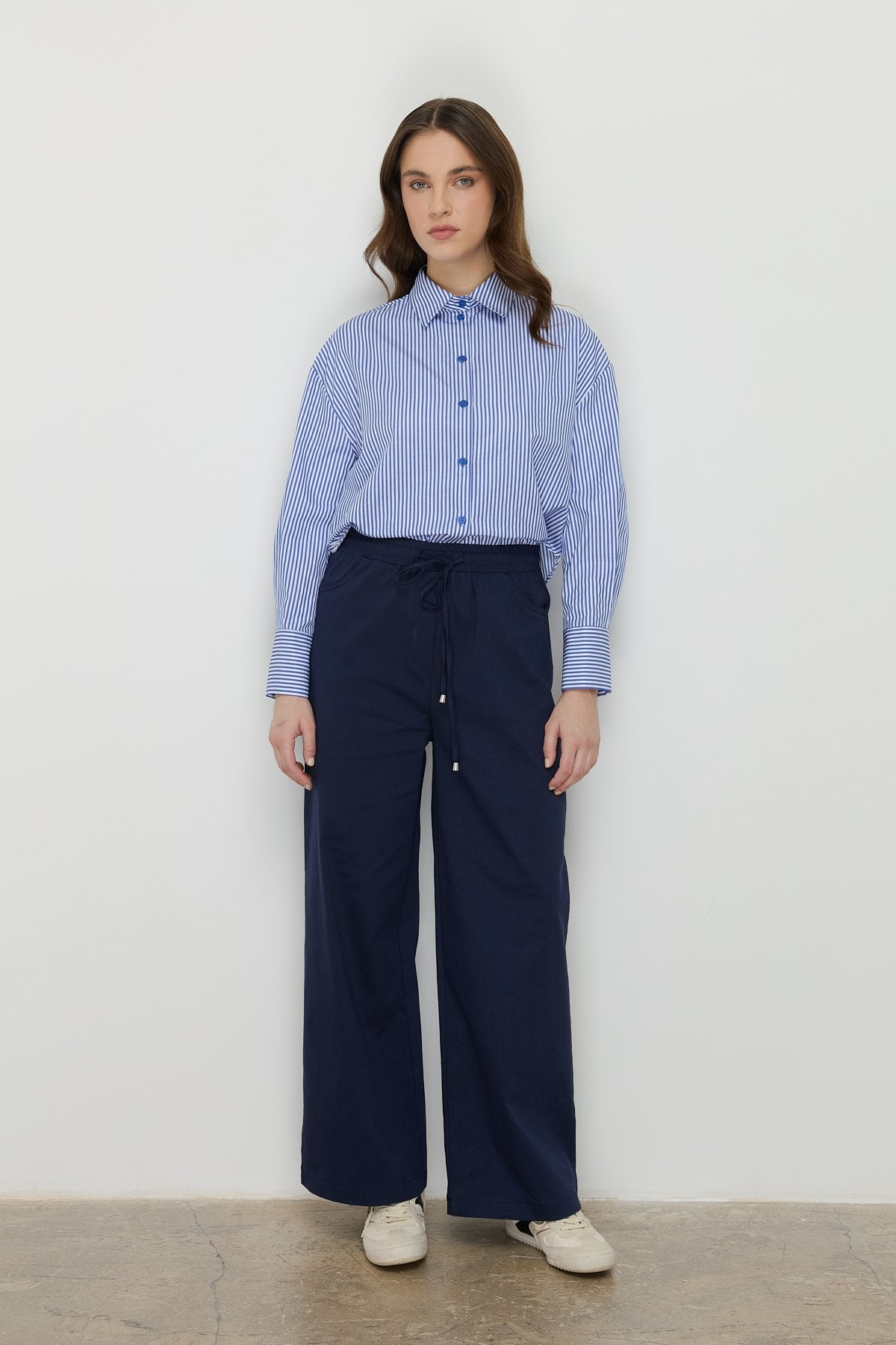 Beli Lastikli Bol Paça Kanvas Denim Pantolon - Lacivert
