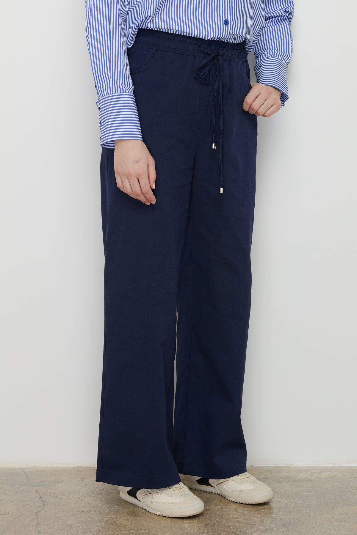 Beli Lastikli Bol Paça Kanvas Denim Pantolon - Lacivert