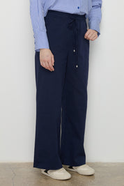 Beli Lastikli Bol Paça Kanvas Denim Pantolon - Lacivert