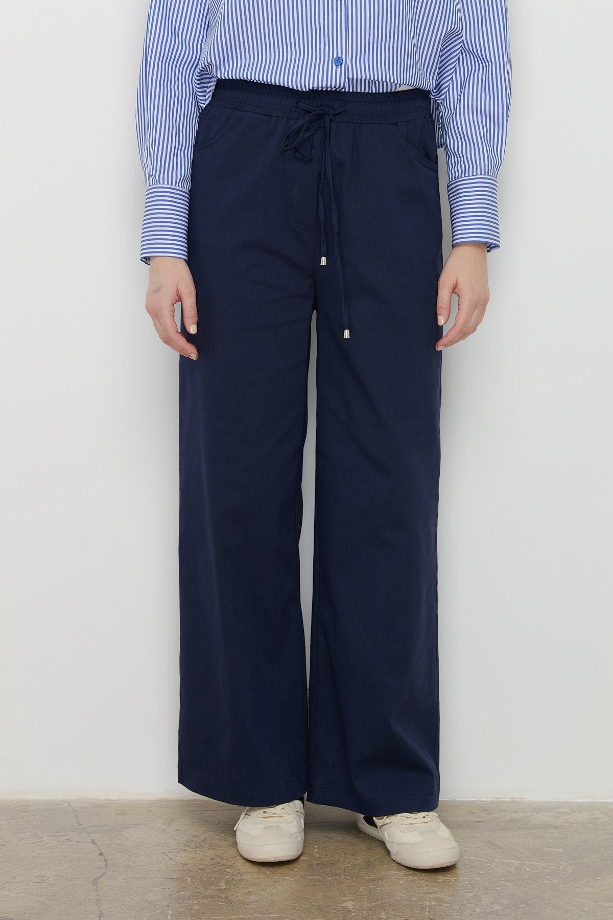 Beli Lastikli Bol Paça Kanvas Denim Pantolon - Lacivert