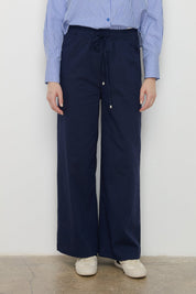 Beli Lastikli Bol Paça Kanvas Denim Pantolon - Lacivert