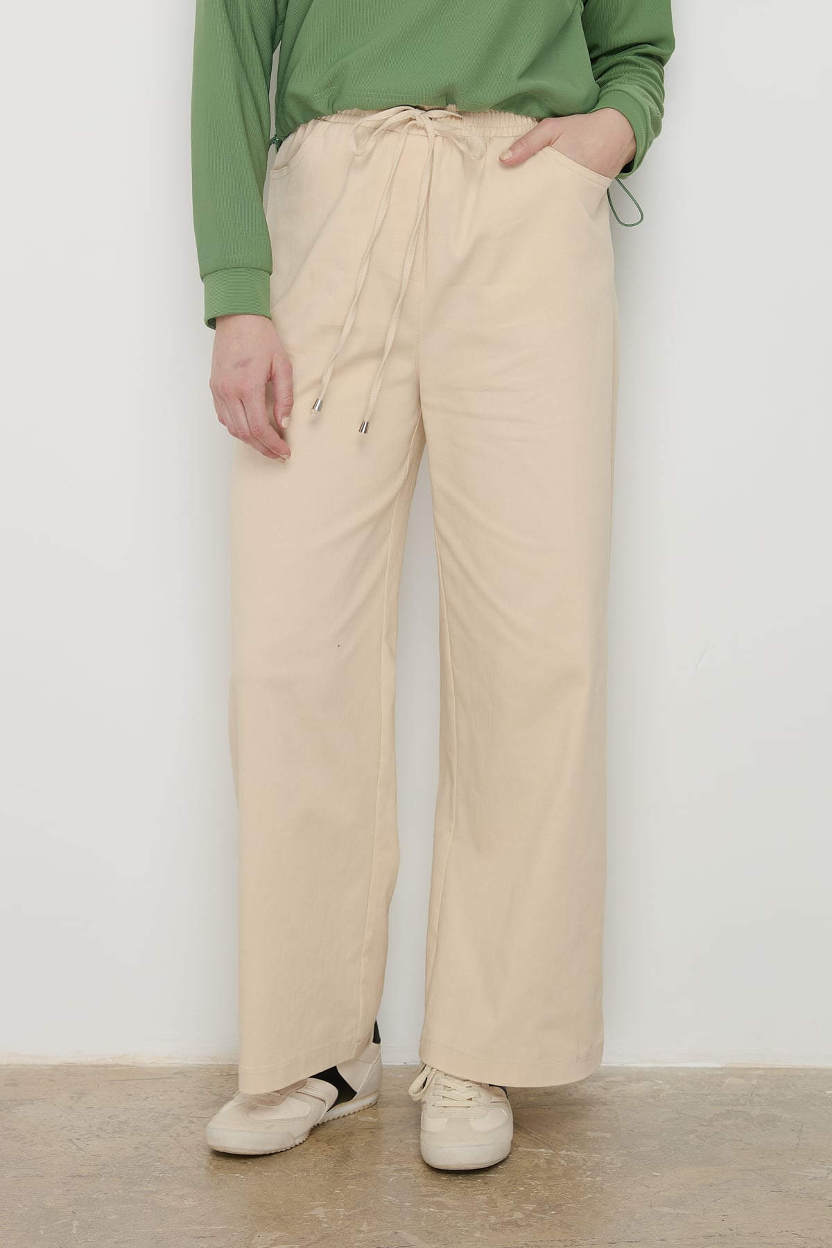 Beli Lastikli Bol Paça Kanvas Denim Pantolon - Siyah