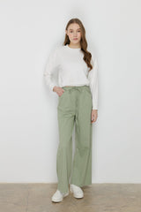 Wide Leg Canvas Denim Trousers with Elastic Waistband - Green