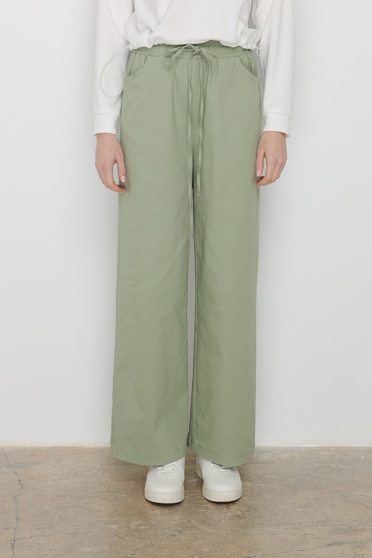 Wide Leg Canvas Denim Trousers with Elastic Waistband - Green