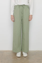 Wide Leg Canvas Denim Trousers with Elastic Waistband - Green