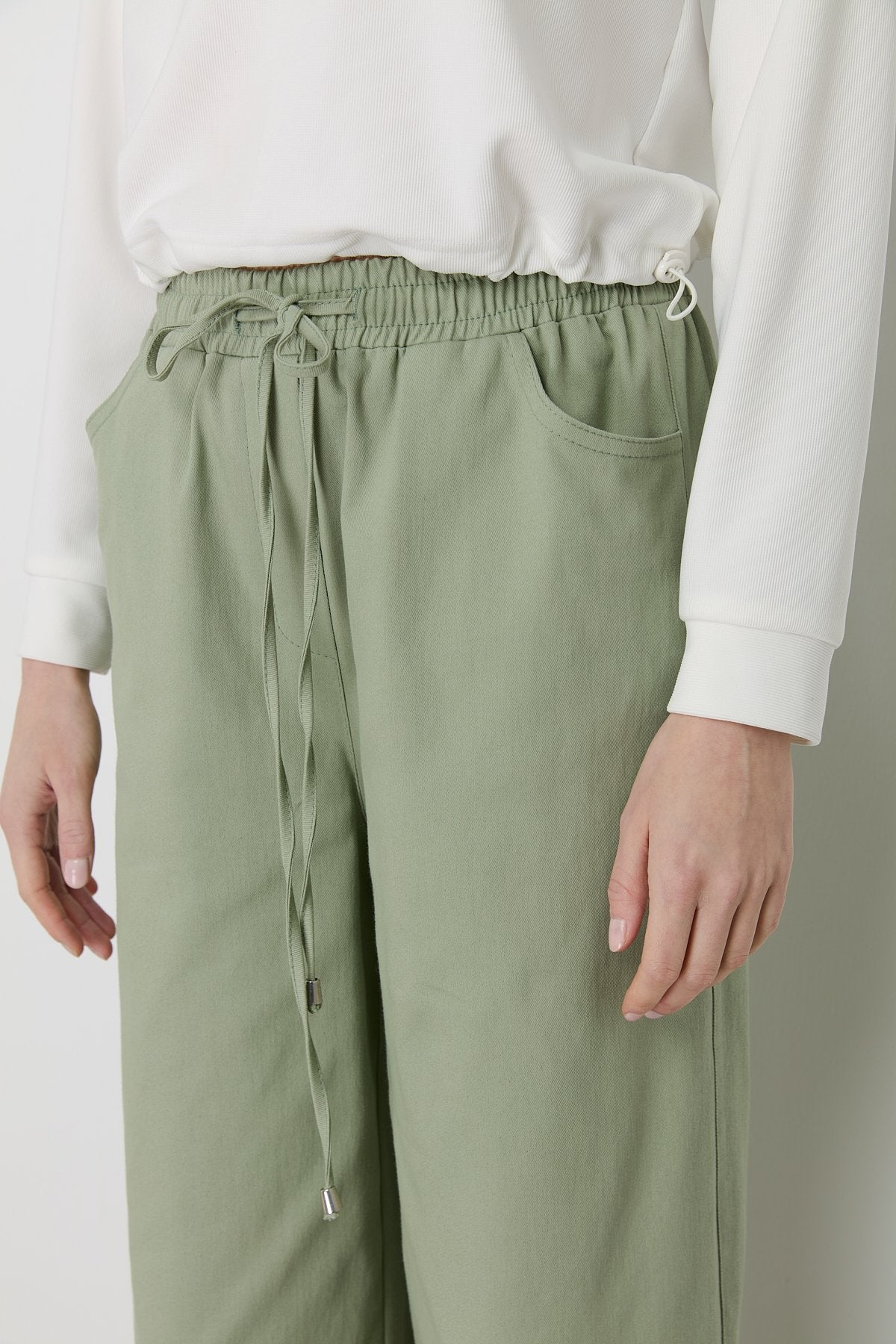 Wide Leg Canvas Denim Trousers with Elastic Waistband - Green