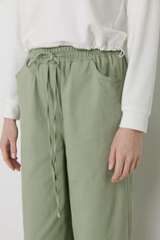 Wide Leg Canvas Denim Trousers with Elastic Waistband - Green