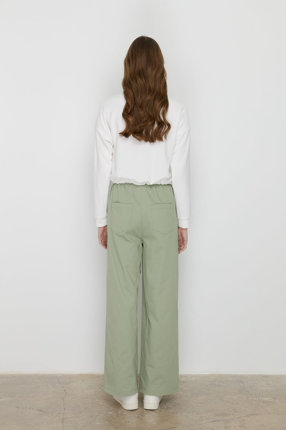 Wide Leg Canvas Denim Trousers with Elastic Waistband - Green