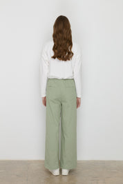 Wide Leg Canvas Denim Trousers with Elastic Waistband - Green