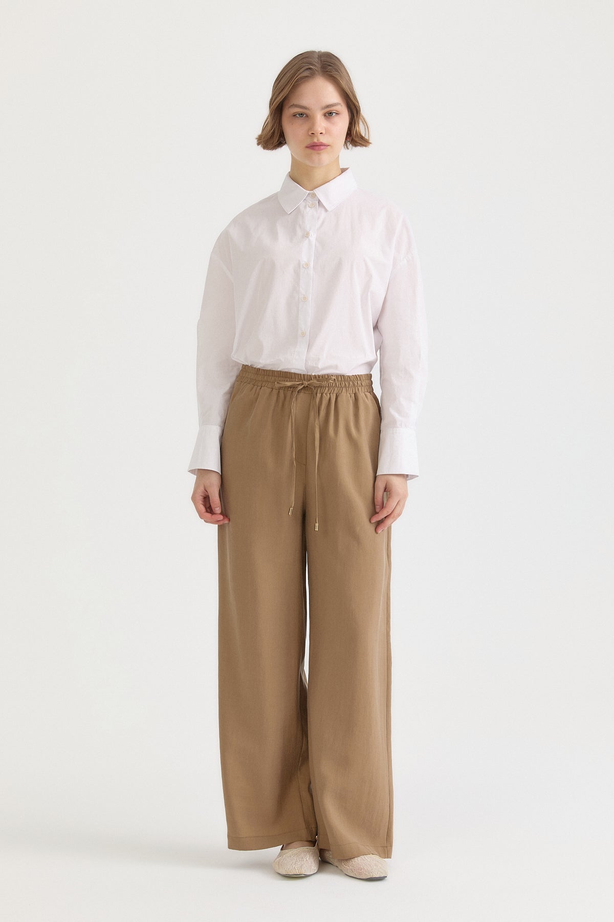 Beli Lastikli Bol Paça Lyocell Pantolon - Camel