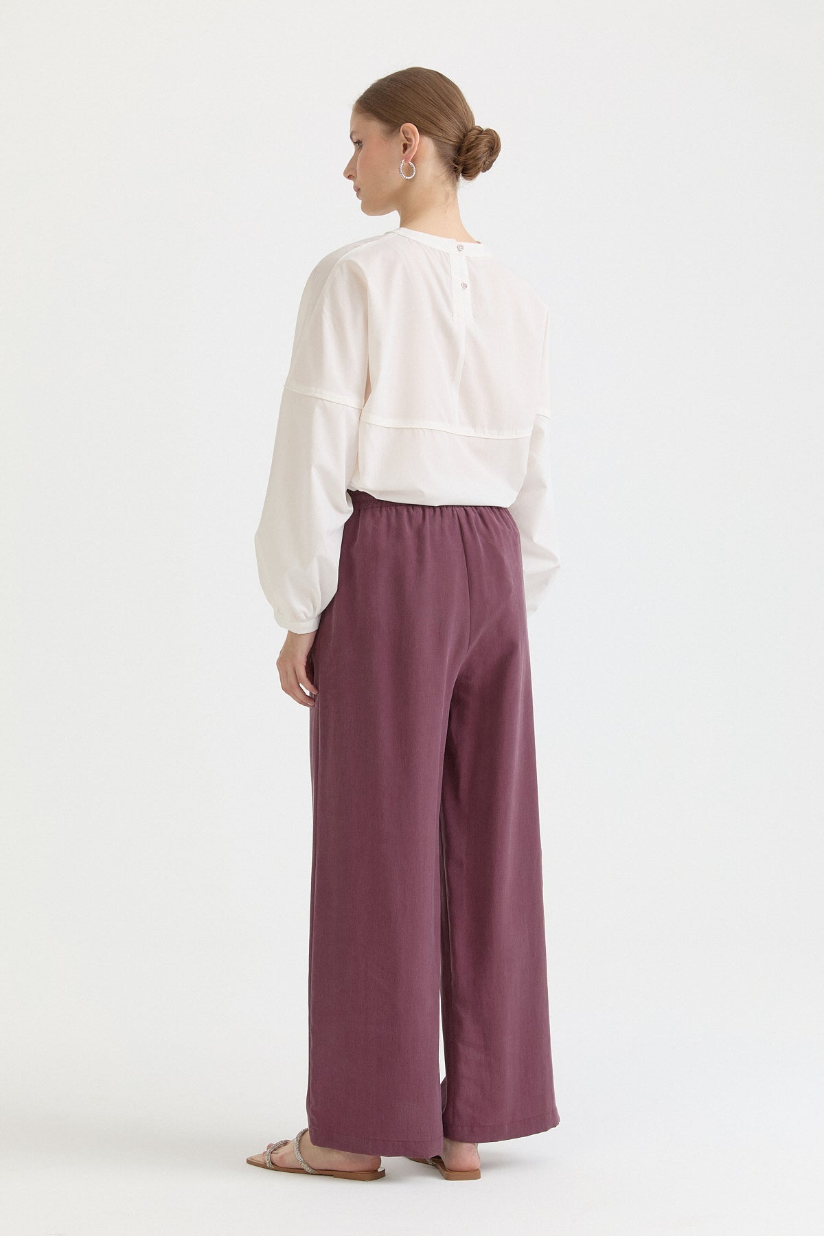 Beli Lastikli Bol Paça Lyocell Pantolon - Mürdüm