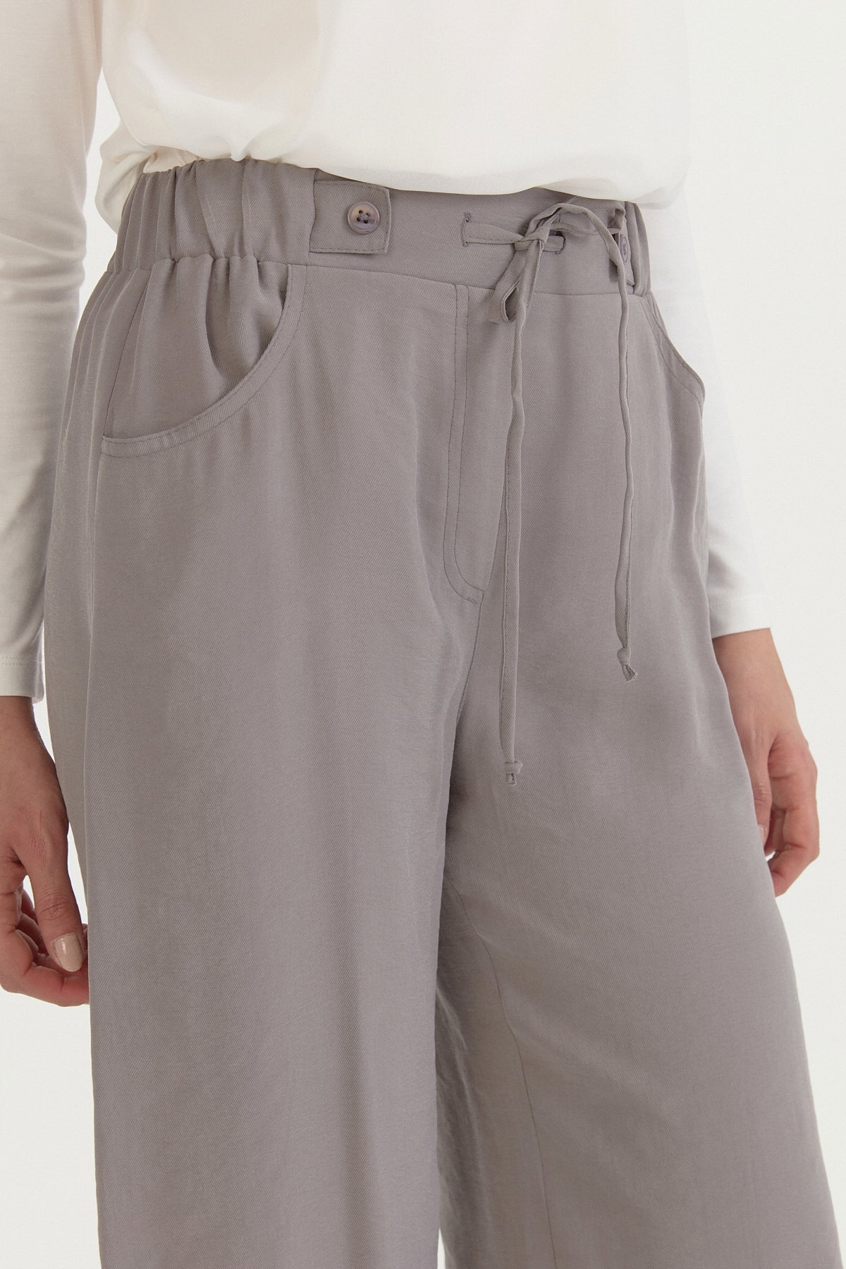 Beli Lastikli Bol Paça Modal Pantolon - Gri