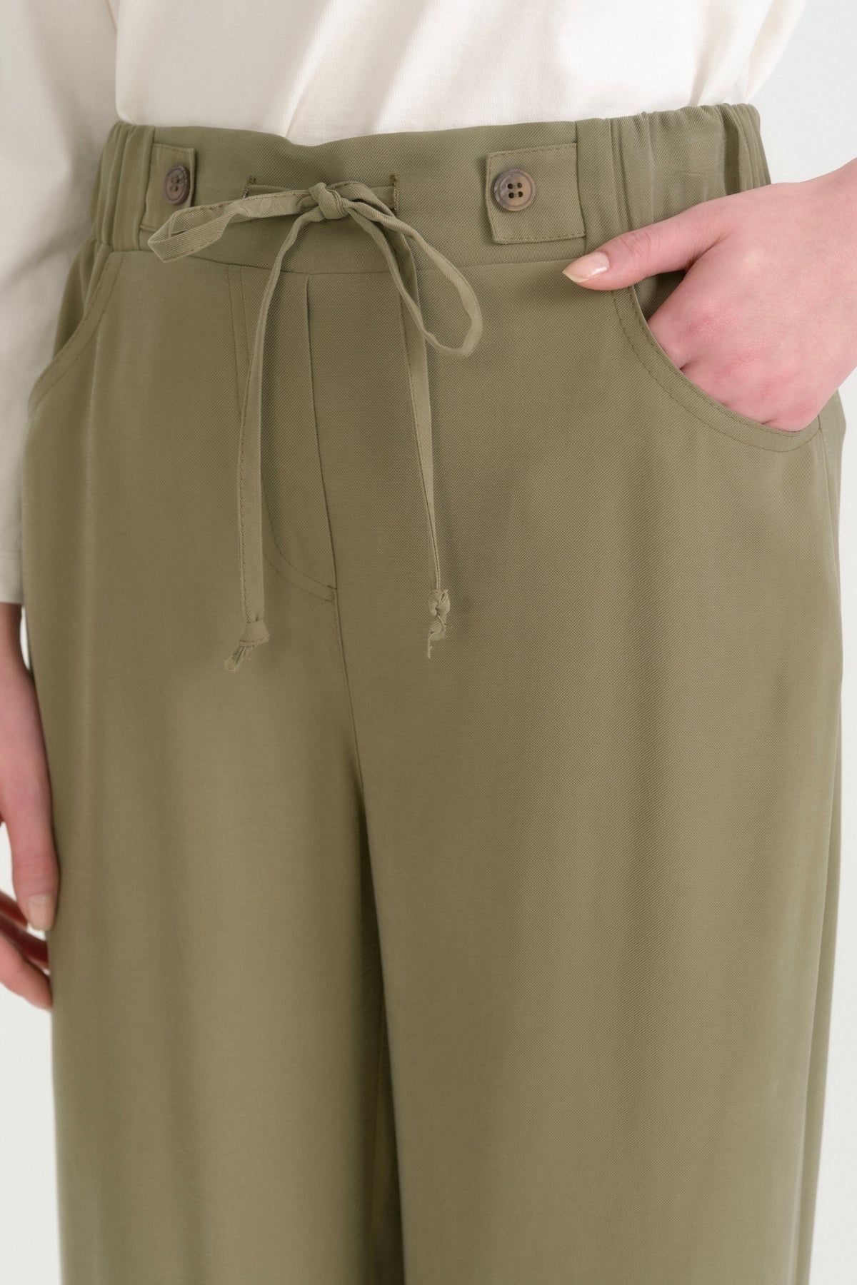 Beli Lastikli Bol Paça Modal Pantolon - Haki