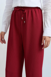 Beli Lastikli Bol Paça Örme Pantolon - Bordo
