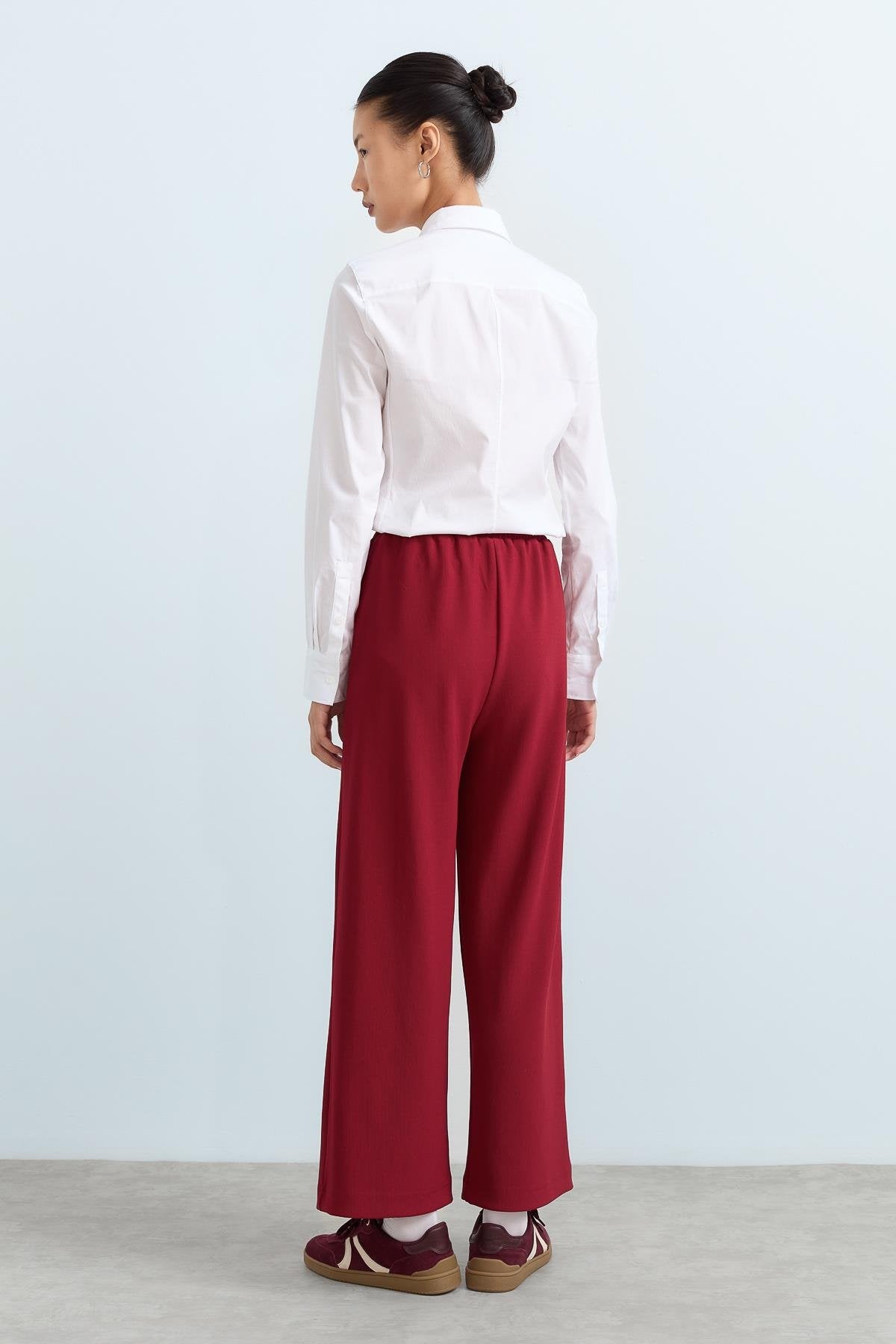 Beli Lastikli Bol Paça Örme Pantolon - Bordo