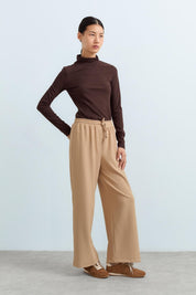 Beli Lastikli Bol Paça Örme Pantolon - Camel