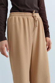 Beli Lastikli Bol Paça Örme Pantolon - Camel