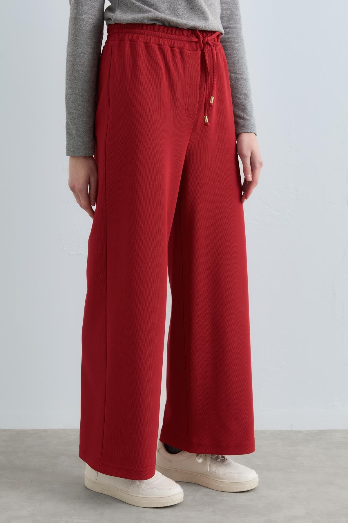 Beli Lastikli Bol Paça Örme Pantolon - Kiremit