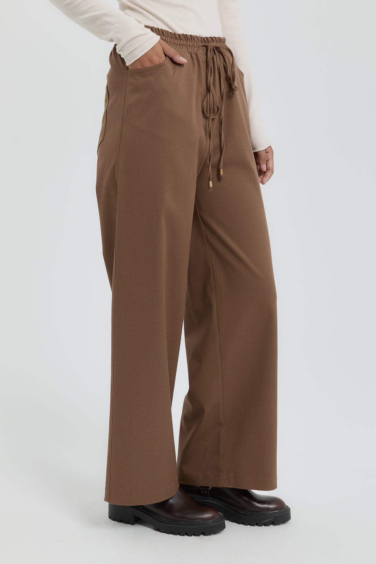 Beli Lastikli Bol Paça Pantolon - Açık Kahve