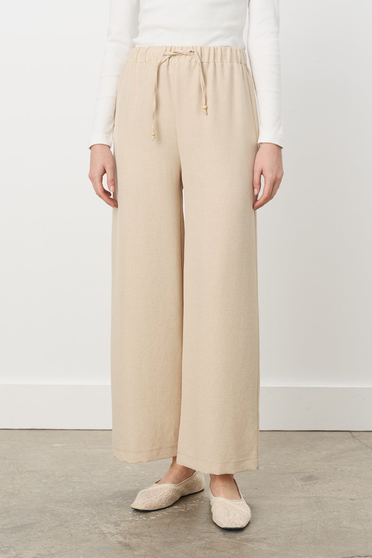 Wide Leg Trousers with Elastic Waist - Beige