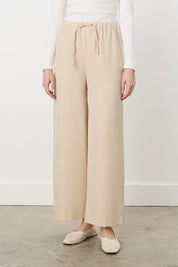Wide Leg Trousers with Elastic Waist - Beige