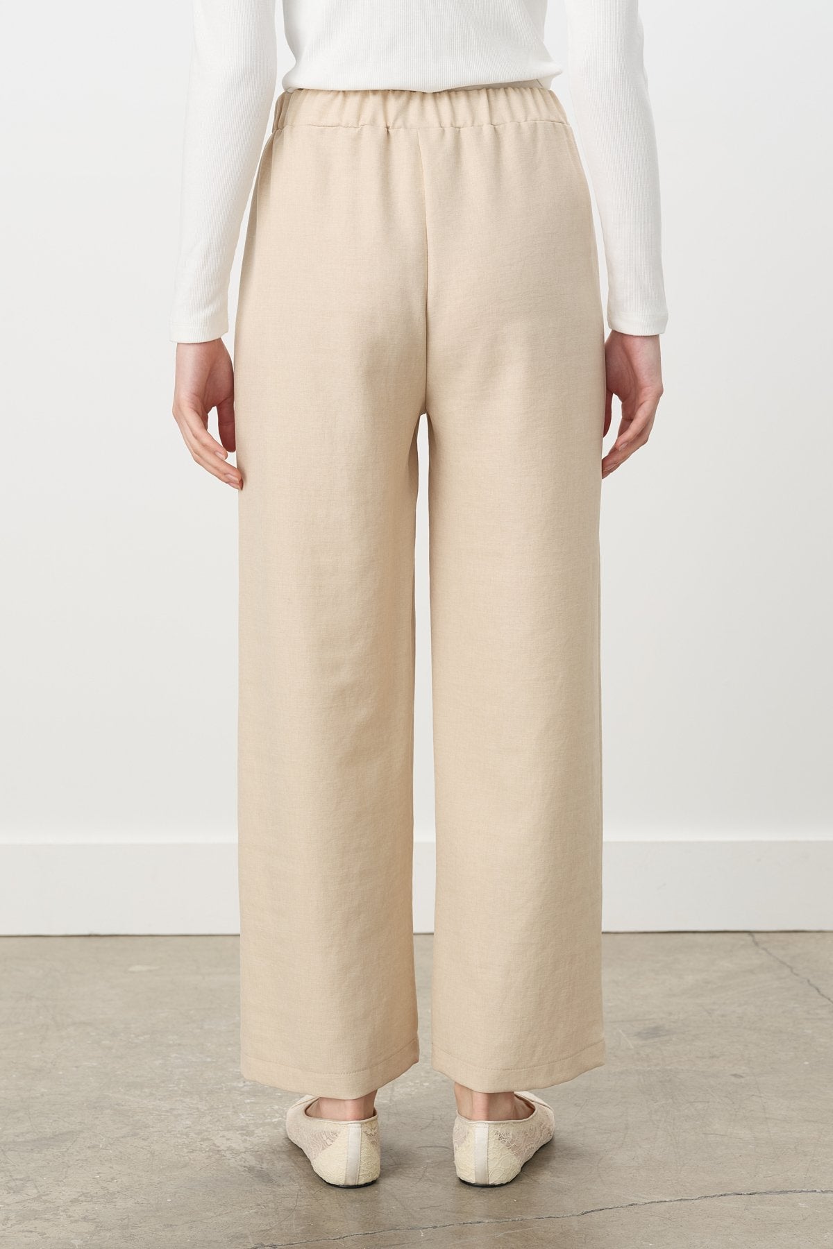 Wide Leg Trousers with Elastic Waist - Beige