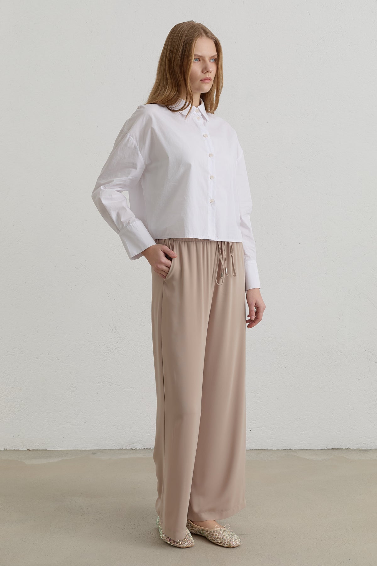 Beli Lastikli Bol Paça Basic Pantolon - Bej