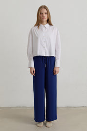 Elastic Waist Wide Leg Basic Trousers - Indigo