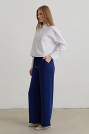 Elastic Waist Wide Leg Basic Trousers - Indigo