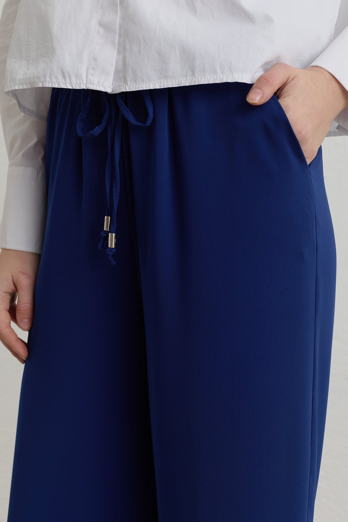 Elastic Waist Wide Leg Basic Trousers - Indigo