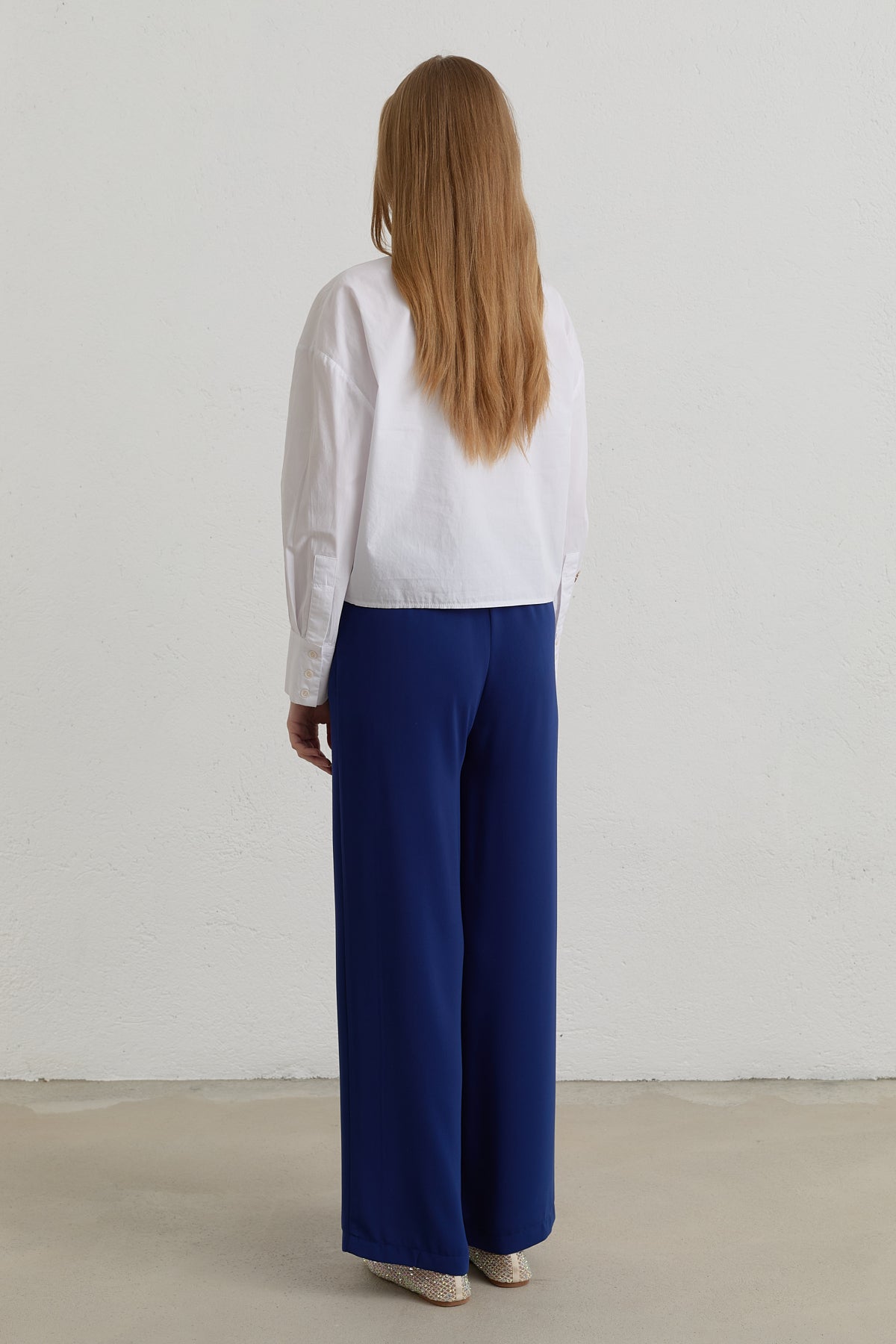 Elastic Waist Wide Leg Basic Trousers - Indigo