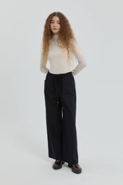 Wide-Leg Trousers with Elastic Waistband - Navy Blue