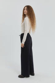 Wide-Leg Trousers with Elastic Waistband - Navy Blue