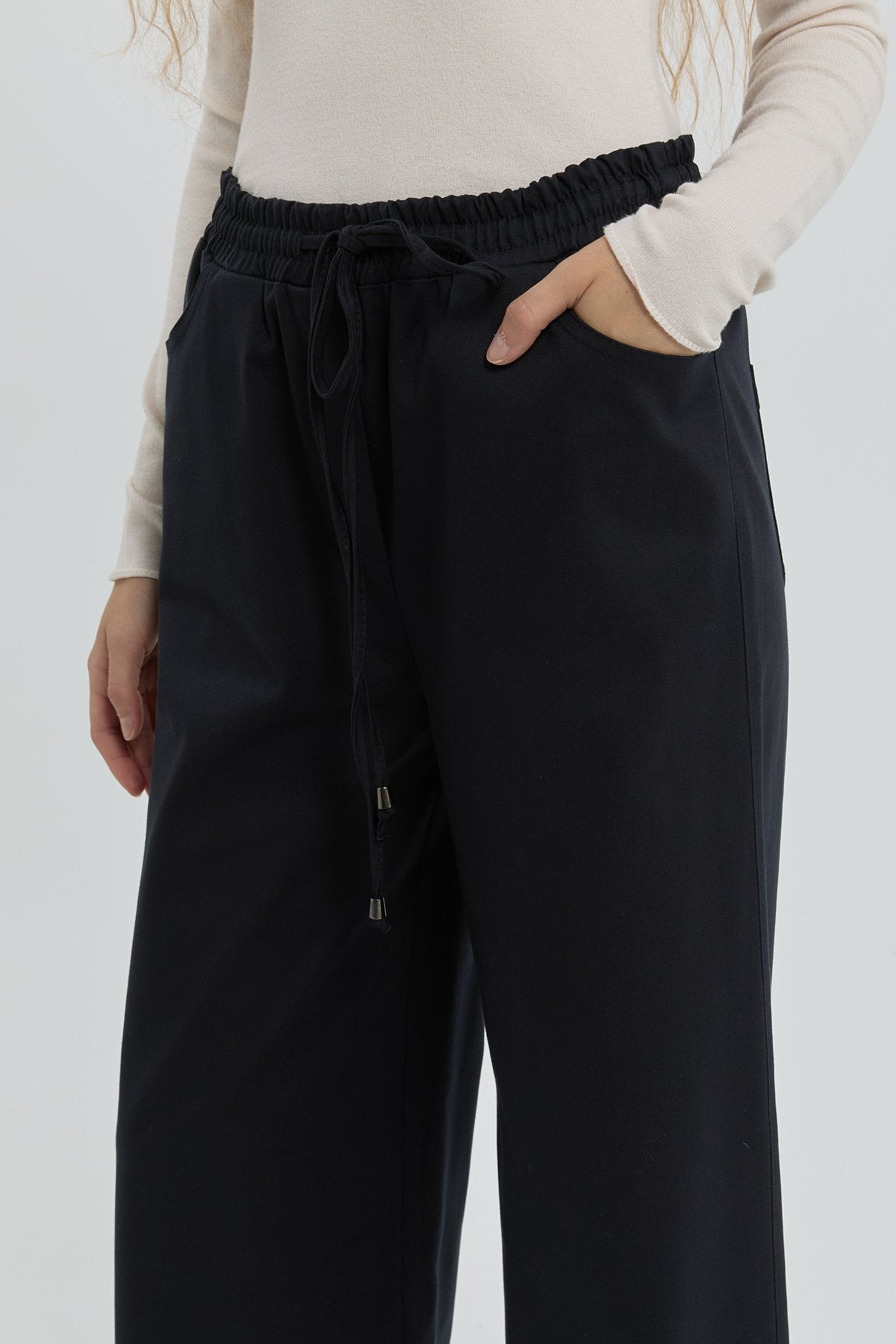 Wide-Leg Trousers with Elastic Waistband - Navy Blue