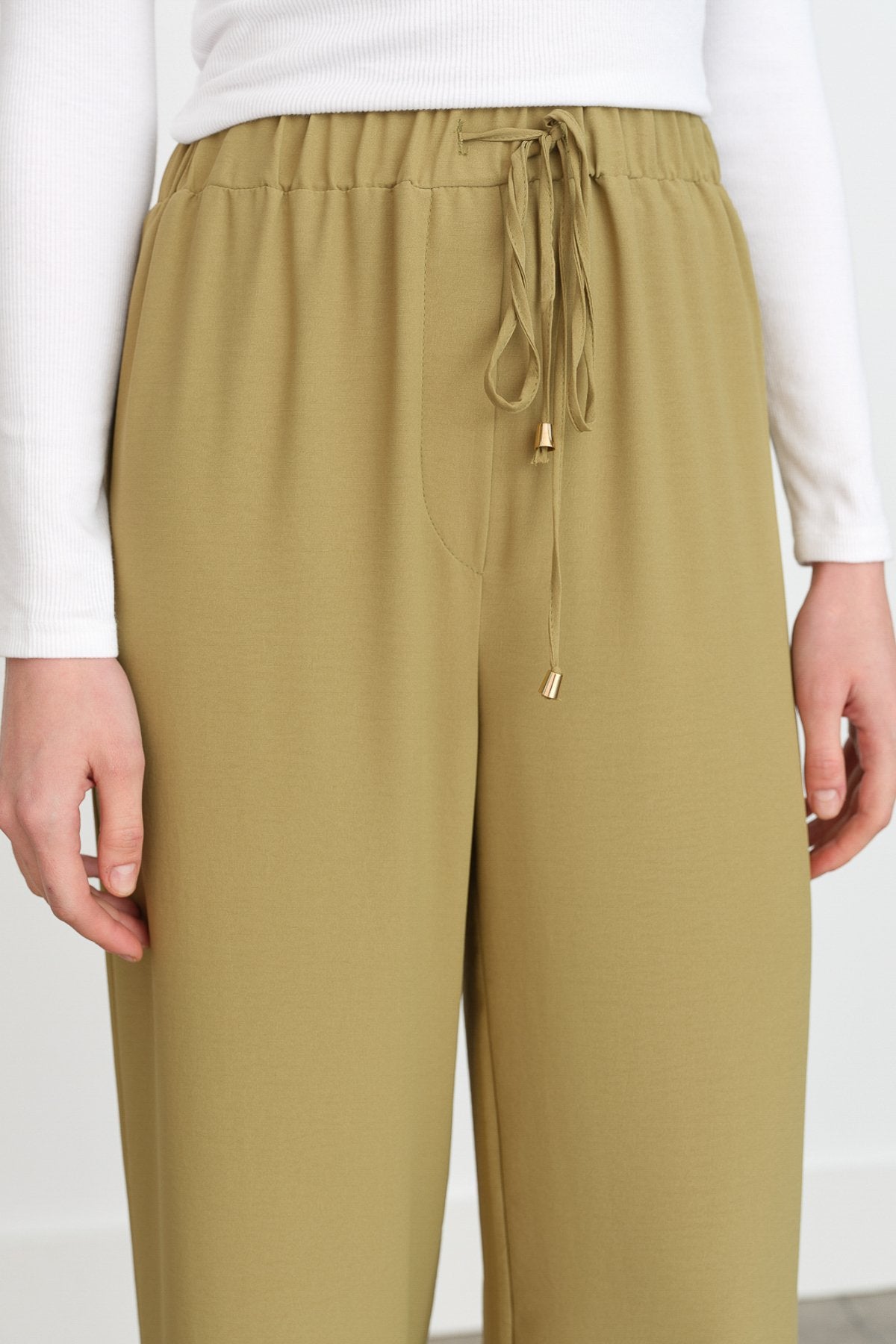 Beli Lastikli Bol Paça Pantolon - Olive