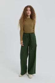 Beli Lastikli Bol Paça Pantolon - Yeşil