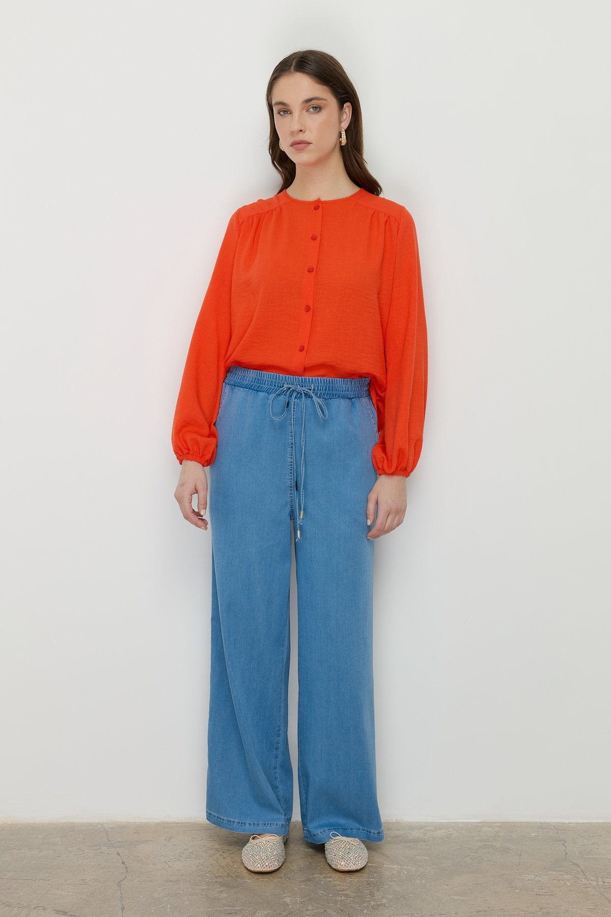 Beli Lastikli Bol Paça Tencel Pantolon - Buz