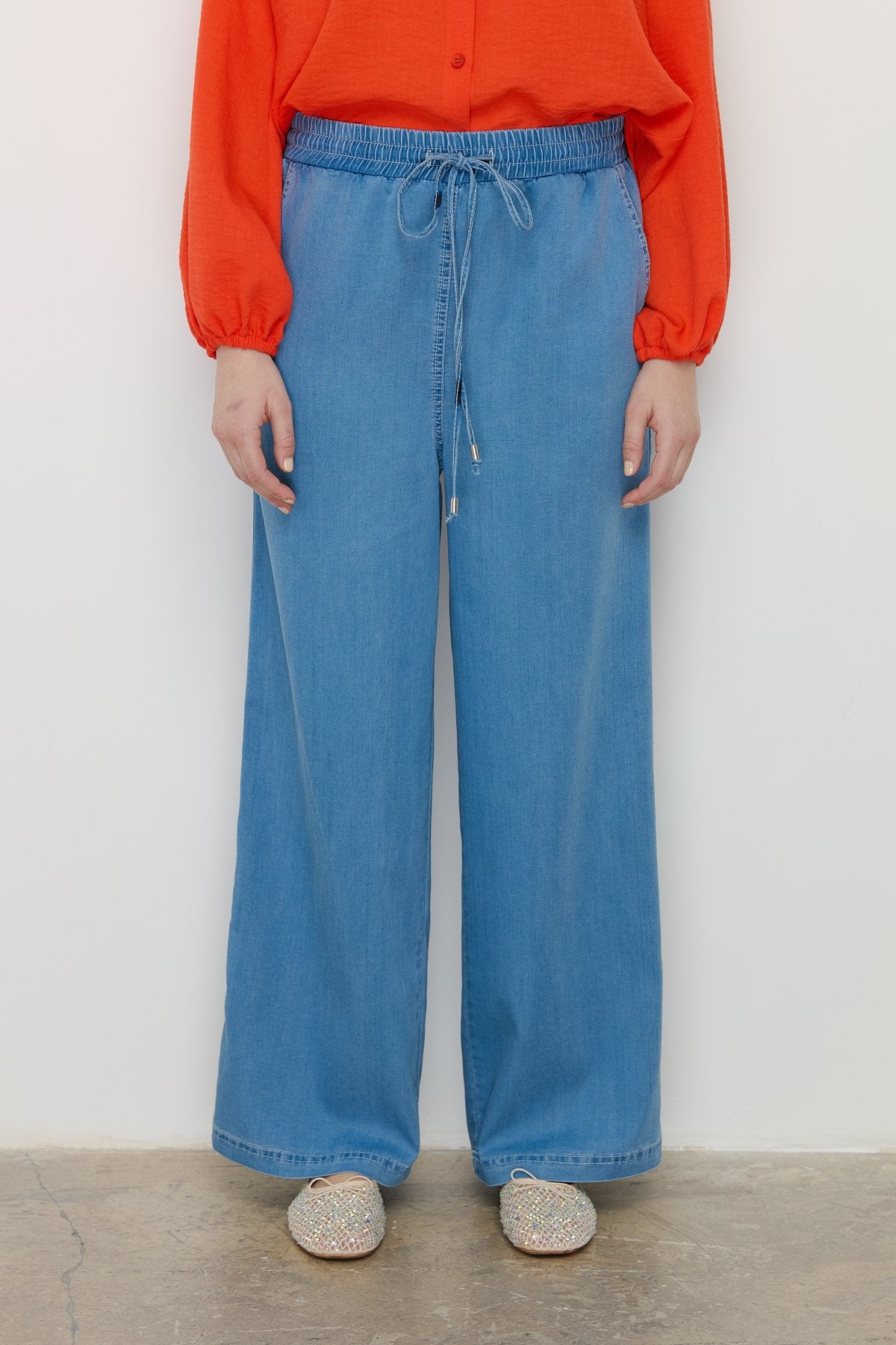 Elastic Waist Wide Leg Tencel Trousers - Ice