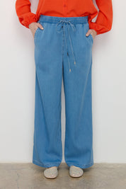 Elastic Waist Wide Leg Tencel Trousers - Ice